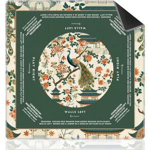 Green Chinoiserie Peacock Mahjong Mat for Table 31.5x31.5, Orange Floral Green Peacock Chinese Non-Slip Noise Reduction Mah Jong Table Mat, Peacocks Decor, Peacocks Gift, Mahjong Gifts for Women