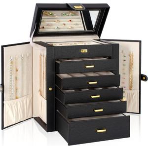 AKOZLIN Large Jewelry Box Organizer Functional with Big Mirror, Leather Jewelry Storage Case for Women Girls Ring Necklace Earring Bracelet Holder Organizer (Black)