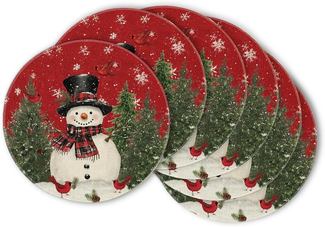 Artoid Mode Snowman Trees Snowflakes Christmas Round Placemats Set of 6, 14 Inch Winter Round Table Mats for Dining Decoration (Red)