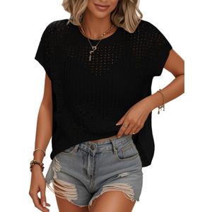 Womens Summer Crochet Tops Hollow Out Cap Sleeve Cover Up Tank Top Pullover Sweater Vest Beach Vacation Clothes (Black, S)