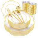 EI 180pcs Clear Plastic Plates with Gold Plastic Silverware, Plate for Party,Clear Dinnerware Set,Heavy Duty Plate for Wedding,Afternoon Tea,Spring,Mother's Day,Valentine's Day,Easter