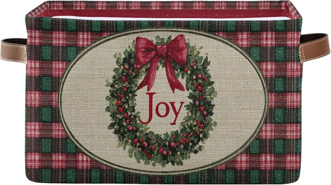 Christmas Joy Wreath Bow Knot Storage Basket with Waterproof Liner and PU Handles Winter Poinsettia Buffalo Plaid Storage Bins Boxes 14.2" Collapsible Decorative Baskets for Bedroom Office 1 Pack