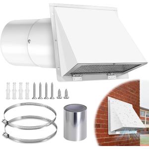 6 Inch Wall Vent Cover with Hood, Screen, Damper, Outside Exhaust Vent for Home, Galvanized Steel Dryer Vent Cover for Outdoor Kitchen and Range Hood Ventilation, White