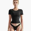 SUUKSESS Women Double Lined Fitted Basic Tee Crew Neck Short Sleeve Y2K Crop Top, Small, Black