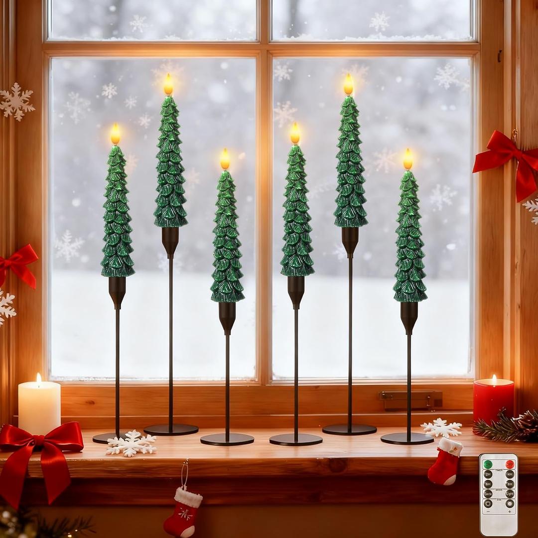 Honoson 6 Sets Flameless Christmas Tree Taper Candles with Holders Remote Control, LED Taper Candles AAA Battery Operated Flickering Candlesticks for Window Fireplace (Black,Classic Style)