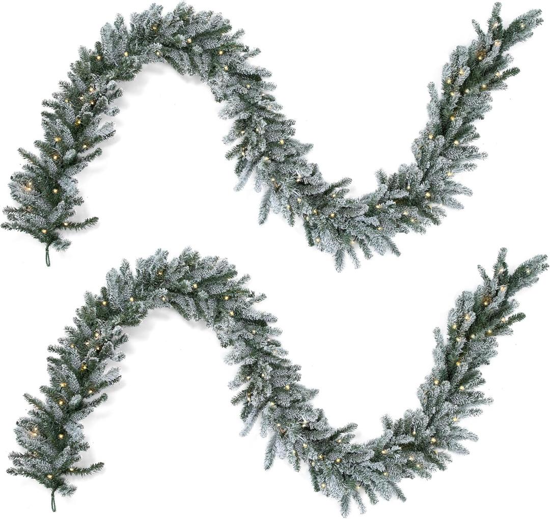 Papyrus 2 Pack of 9 ft Pre-Lit Frosted Blue Spruce Garland, Artificial, Warm White Light, Battery Powered, Indoor/Outdoor
