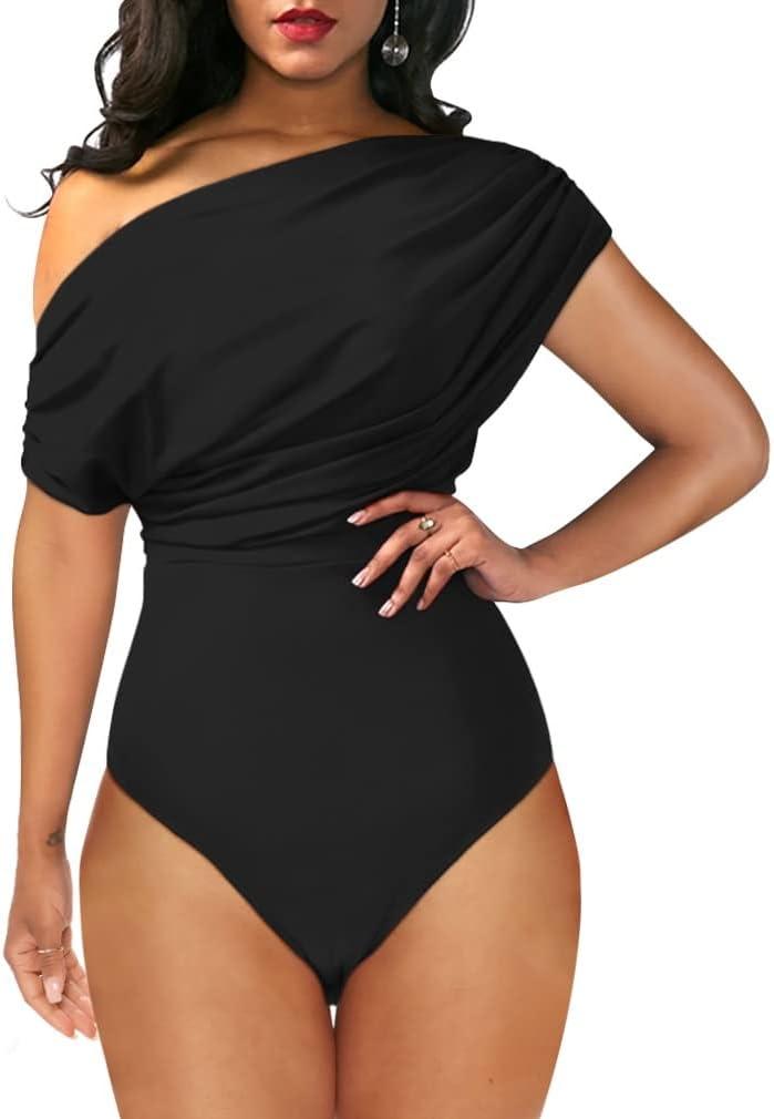 YMDUCH Women's Sexy Off Shoulder Sleeveless Bodycon One Piece Bodysuit Top, Size: L