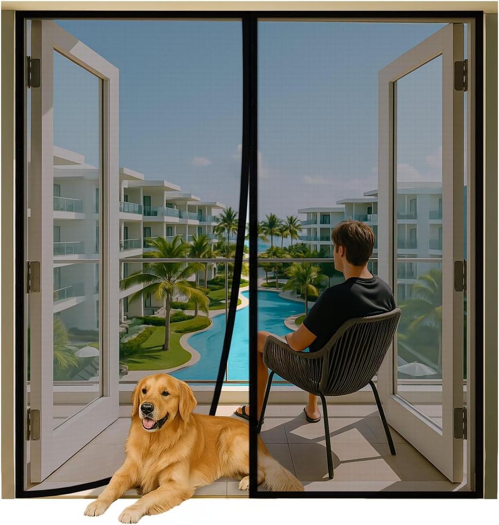 Magnetic Closure Screen Door for 62"x81" French Door Sliding Door Pet and Dog Friendly, Durable Fiberglass Mesh Double Door Screen Mesh Retractable Curtain, Keep Bugs. Mosquito Out, Fly Screen
