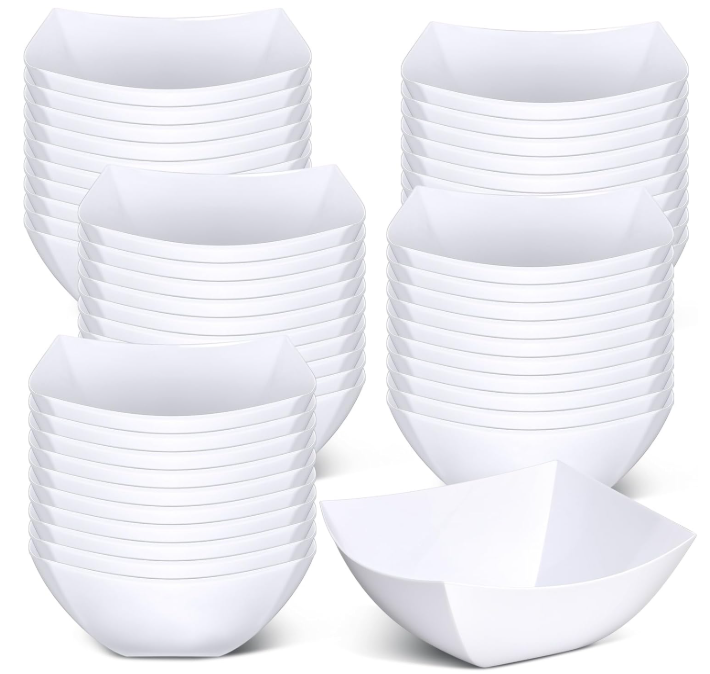 Tanlade 50 Pcs Square Plastic Serving Bowls Disposable Snack Salad Bowl Small Party Candy Bar Containers Taco Bar Serving Dishes for Buffet Chips Fruit(12 oz,White)