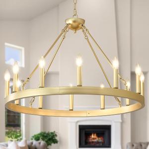 Gold Wagon Wheel Chandelier Farmhouse 32-Inch, 12-Light Modern Gold Chandelier for Dining Room, Round Iron Industrial Chandeliers Light Fixture for Living Room, Foyer, Entryway, E12