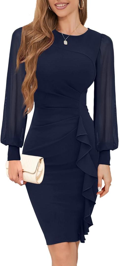 IHOT 2026 Women's Long Sheer Sleeve Ruched Sheath Bodycon Cocktail Party Work Dress (X-Large, Navy)