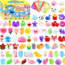 Zefy 80 Pcs Mochi Squishy Toys with Cards, Squishy Fidget Toys Valentine Party Favors for Kids 4-12, Classroom Prizes Treasure Box for Pinata Stuffers Goodie Bags Easter Basket Birthday Gifts