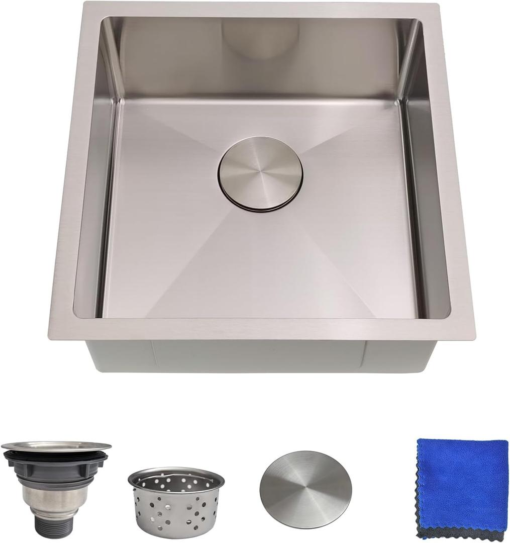 18 Inch Undermount Bar Sink Delironexu 18 Gauge Stainless Steel Bar Sink, 18x18x8 Small Kitchen Sink with Brushed Finish, Wet Bar Sink Undermount for RV, Outdoor, and Prep Use, 18x18x8 Single Bowl Undermount