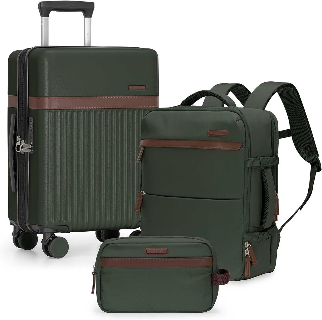 U.S. Traveler Vista Way 3-Piece Travel Set, 21-Inch Carry-on Hardside with TSA Lock, 18-Inch Travel Backpack with Laptop Sleeve, Toiletry Bag, Green