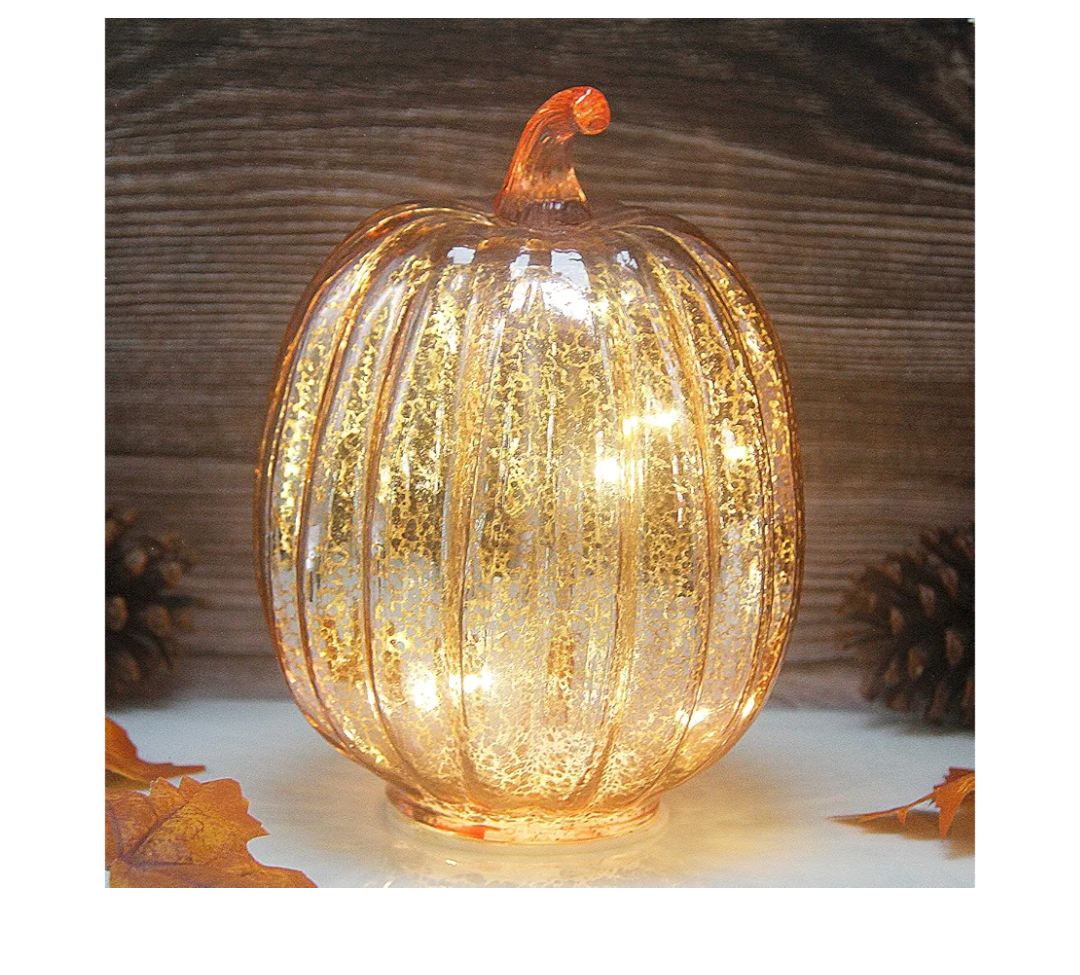 Mercury Glass Pumpkin Light with Timer, with 10 Led Lights Inside,Battery Operated Pumpkin Lamp,Ideal for Halloween Fall Decoration, Thanksgiving Rustic Decor, Xmas Décor (Gold)