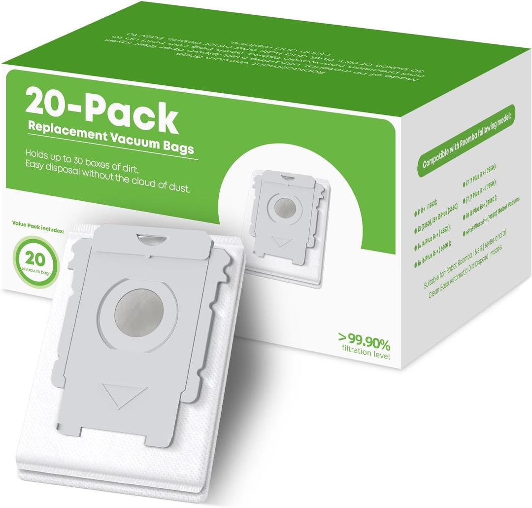 VBN 20 Pack Replacement Roomba Vacuum Bags, Compatible with iRobot Roomba 104 105 405 504 505 705 Combo 10 Max, i7+ i3+ i4+ i6+ i8+ j7+ s9+, i s j Series, All Clean Base Automatic Dirt Disposal Bags