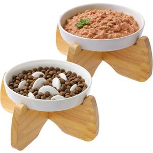 Raised Cat Bowls, 6.3'' Flat & Slow Feeder Bowl, Wide Ceramic Elevated Shallow Slow Eating Cat Bowl for Dry/Wet Food, Anti-Vomiting Pet Puzzle Feeder, Whisker Friendly, Dishwasher Safe (2 Pack)