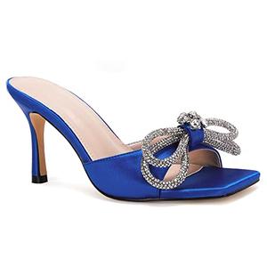 VETASTE Women's Heeled Sandals Square Open Toe Double Bow Satin Mules Heels Wedding Party Slip on Stilettos 38