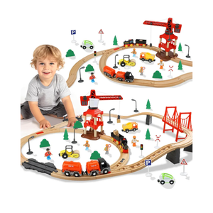 TOY Life Train Set 81pcs with Crane & Locomotive Train Toy, Wooden Train Tracks Toys for Toddlers Boys Girls 3 4 5, Wood Toys Gift Toddler Train for Kids 4-8 - Fits Thomas Brio Chuggington
