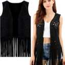 PARTTELY Fringe Vest 70s Outfits for Women Sleeveless Cowgirl Western Faux Suede Tassel Leather Outerwear for Hippie Festival (Medium, Black)