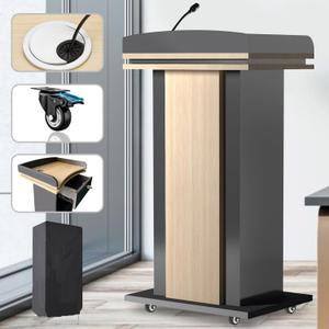Wooden Podium Stand with Wheels, Pulpitos para Iglesias, Double-Layer Storage Pulpit, Lockable Drawer, Comes with Dust Cloth Durable and Mobile Lectern, Suitable for Churches, Classrooms, Conference. (Dark Grey)