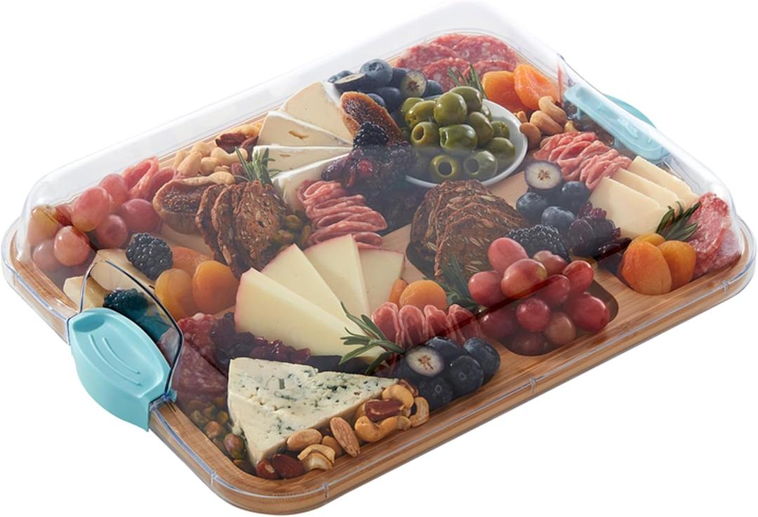 Farberware Build-A-Board Bamboo Cutting Board with Built-in Compartments and Clear Locking Lid with Blue Handles, Perfect for Charcuterie, Snacks, and More