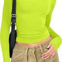 Womens Long Sleeve Shirts Basic Tees Y2k Slim Fit T Shirt Crew Neck Trendy Crop Top Casual (Medium, 02#neon Green)