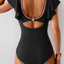 Aidonger Women's One Piece Ruffle Swimsuit Tummy Control Bathing Suit V Neck Shell Stitched Swim Suit Slimming Swimwear (Black, L)