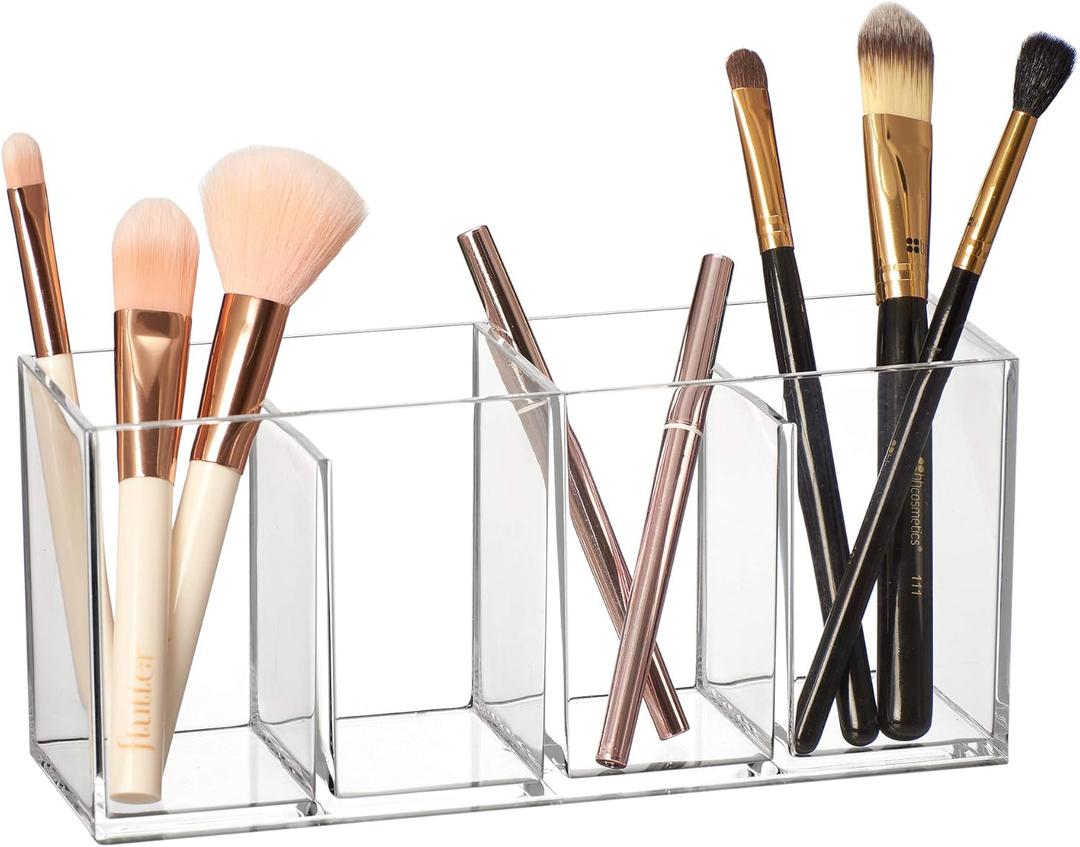Amazing Abby - Glamour - Acrylic 4-Compartment Makeup Organizer, Transparent Plastic Makeup Brush Holder, Perfect Bathroom Vanity Storage Solution for Makeup Brushes, Eyebrow Pencils, and More