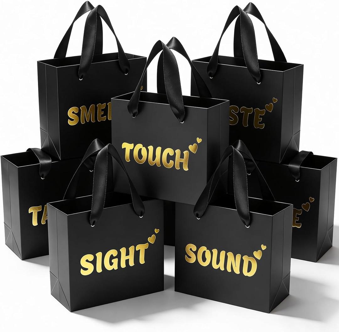 EQOREIIN 30 Pack 5 Senses Gift Bags for Him Her,5.5x 2.5x4.7 Inch Sight Smell Touch Taste Sound Small Gift Bags with Handle for Men Birthday, Anniversary, Mother's Day, Valentine's Day(Black Gold)