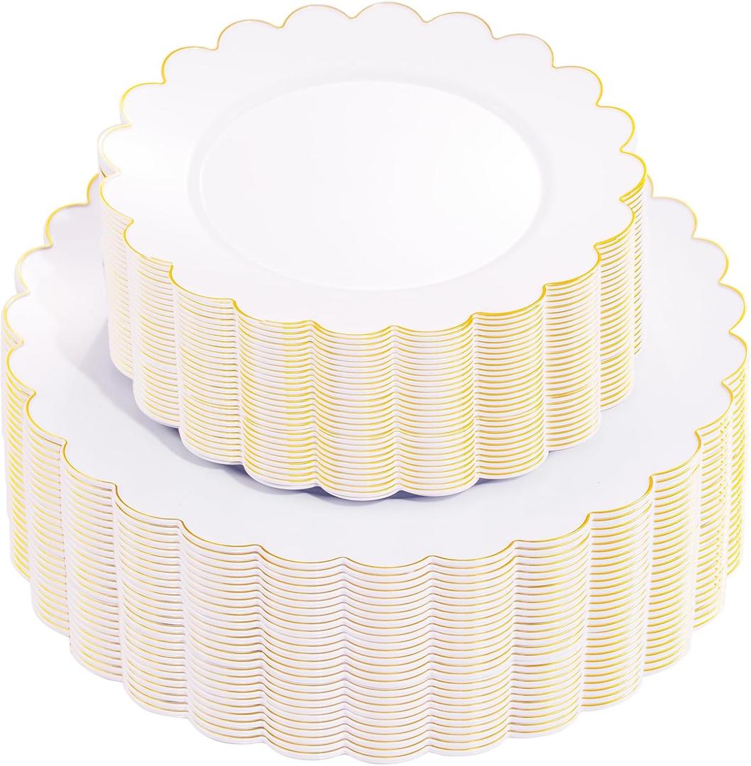 supernal 100pcs White and Gold Plastic Plates Scalloped Plastic Plate - Plastic Plates for Party,Pretty Dinner Plate Perfect for Valentine's Day Wedding and Birthday