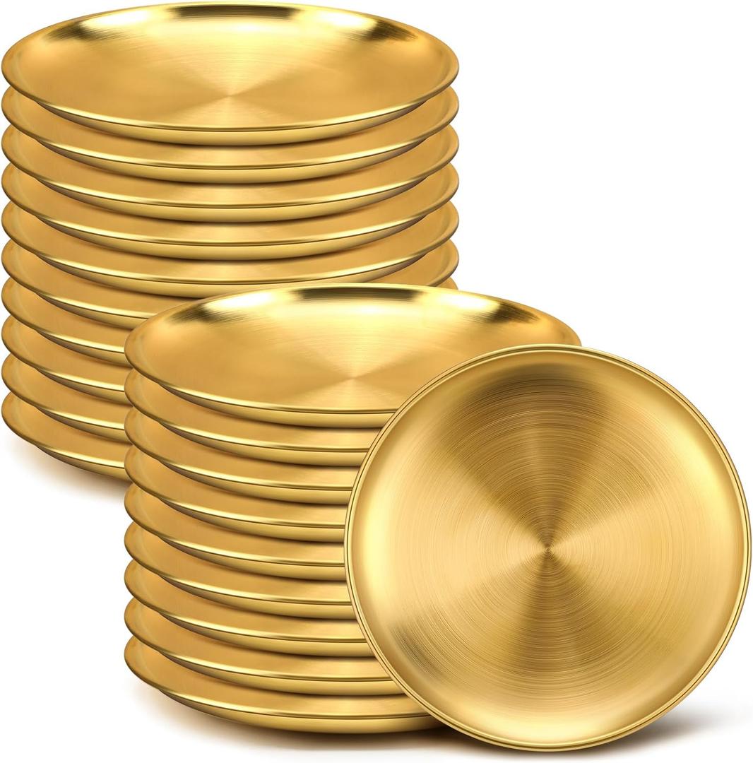 Nuogo 20 Pieces Stainless Steel Gold Plates 6.5 Inch Gold Dinner Plates Metal Serving Tray Dessert Dishes for BBQ, Salad, Snack, Desserts, Food Serving, Outdoor Camping