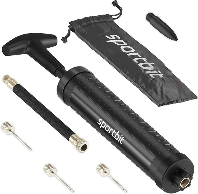 SPORTBIT Ball Pump for Sports Balls - Push & Pull Inflating System - Hand Pump for All Exercise Balls - Volleyball Pump, Basketball Inflator, Football & Soccer Ball Air Pump - Goes with 5 Needles Set (9 Pack), Bla