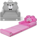 Kids Sofa Bed with Removable Washable Cover & Magic-Tape Backrest Foldable Toddler Chair, Cozy Crystal Velvet Furniture for Playtime, Naps & Travel (2 Pack Bear and Princess)