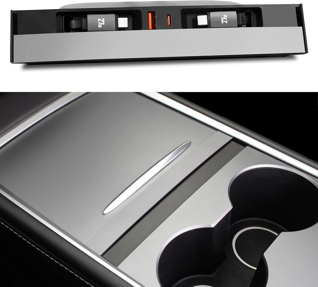 Car USB Hub Charger for Tesla Center Console with Fast Charging Retractable Cables Phone Charger Docking Station Accessories(2 Type-C(Model Y 2021-2024 & Model 3 2021-2023))