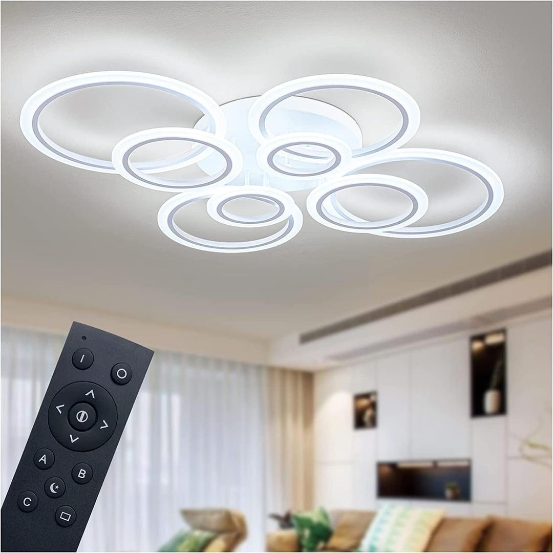 Modern LED Ceiling Light, Dimmable LED Chandelier Flush Mount Ceiling Lights, Remote Control Acrylic Ring Ceiling Lamp Fixture for Living Room Dining Room Bedroom (White, 8 Rings)