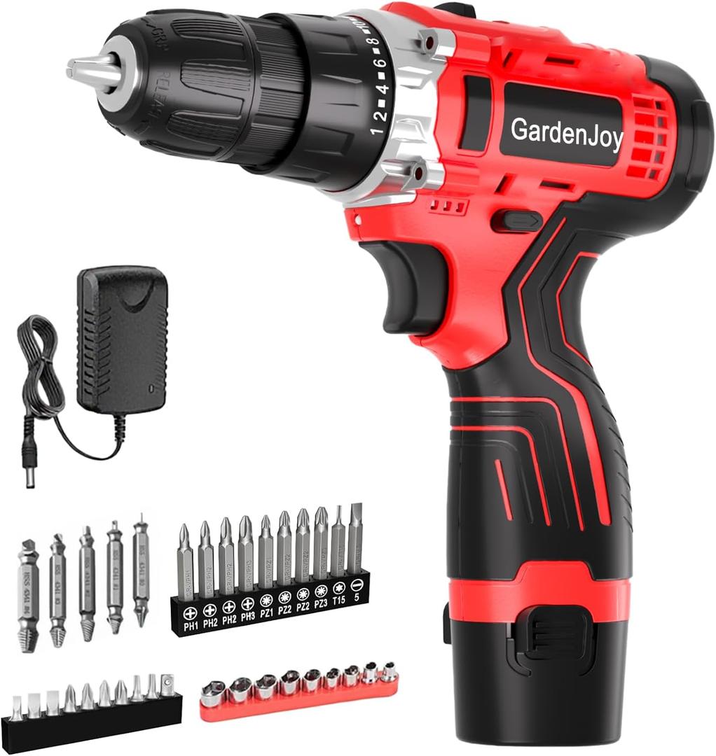 GardenJoy Cordless Power Drill Set: 12V Electric Drill with Battery and Charger, 34pcs Acessories, 3/8"Keyless Chuck, 2 Variable Speed, 24+1 Position, Compact Drill Driver Kit for Home & DIY Project