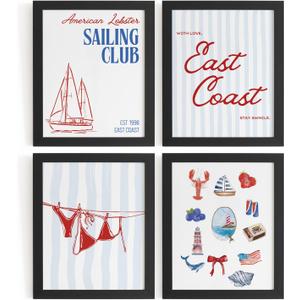 WXHUM Coastal Bathroom Beach Room Decor Nautical Wall Art Prints Set of 4, Preppy Beach Coastal Wall Decor Sailing Club East Coast Posters for Teen Girls Room Dorm, 8x10 inch Unframed