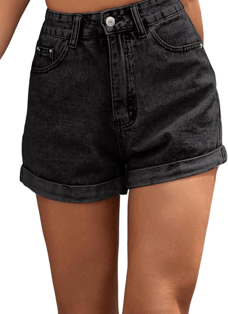 SweatyRocks Women's High Rise Roll Up Hem Straight Leg Denim Jean Shorts with Pocket (Medium, Black)
