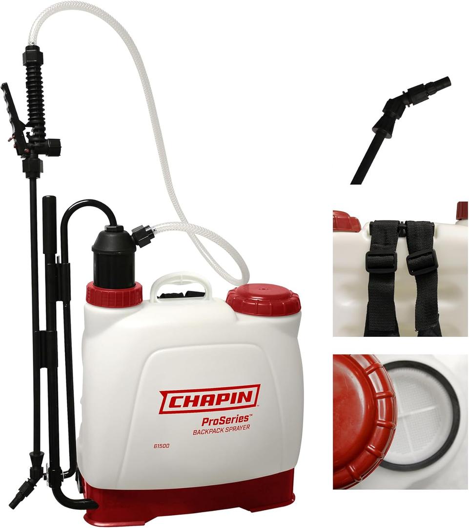 Chapin 61500 4-Gallon Made in USA Euro Style Backpack Sprayer with Poly Fan/Cone Nozzles, Cushion Grip Shut-Off, Padded Adjustable Straps, 2-Stage Filtration System, Translucent White