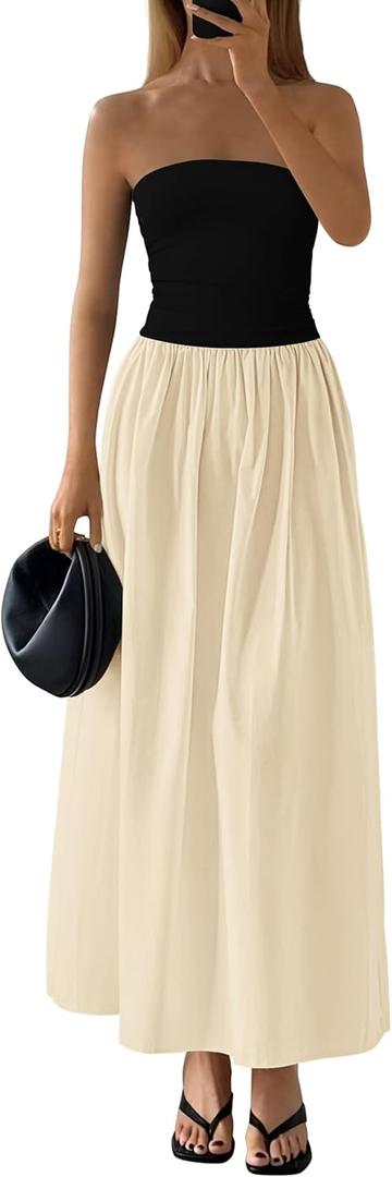 PRETTYGARDEN Women 2026 Summer Elegant Strapless Maxi Dress Tube Top Dress A Line Flowy Long Wedding Party Cocktail Dresses (M)