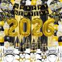 81 Pcs New Years Eve Party Supplies Happy New Year Decorations Kit Serves 12 Includes 36" Large 2026 Foil Ballons, Black Gold Curtains Banner Hats Headbands Glasses Noisemaker Balloons Party Favor