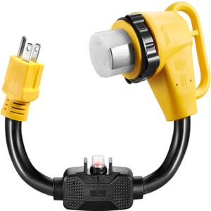 Overload Protector 15 Amp to 50 Amp RV Adapter Cord with Circuit Breaker and Twist Lock, NEMA 5-15P to NEMA SS2 50R Dogbone Electrical Power Adapter with Upgraded Handle,ETL Listed