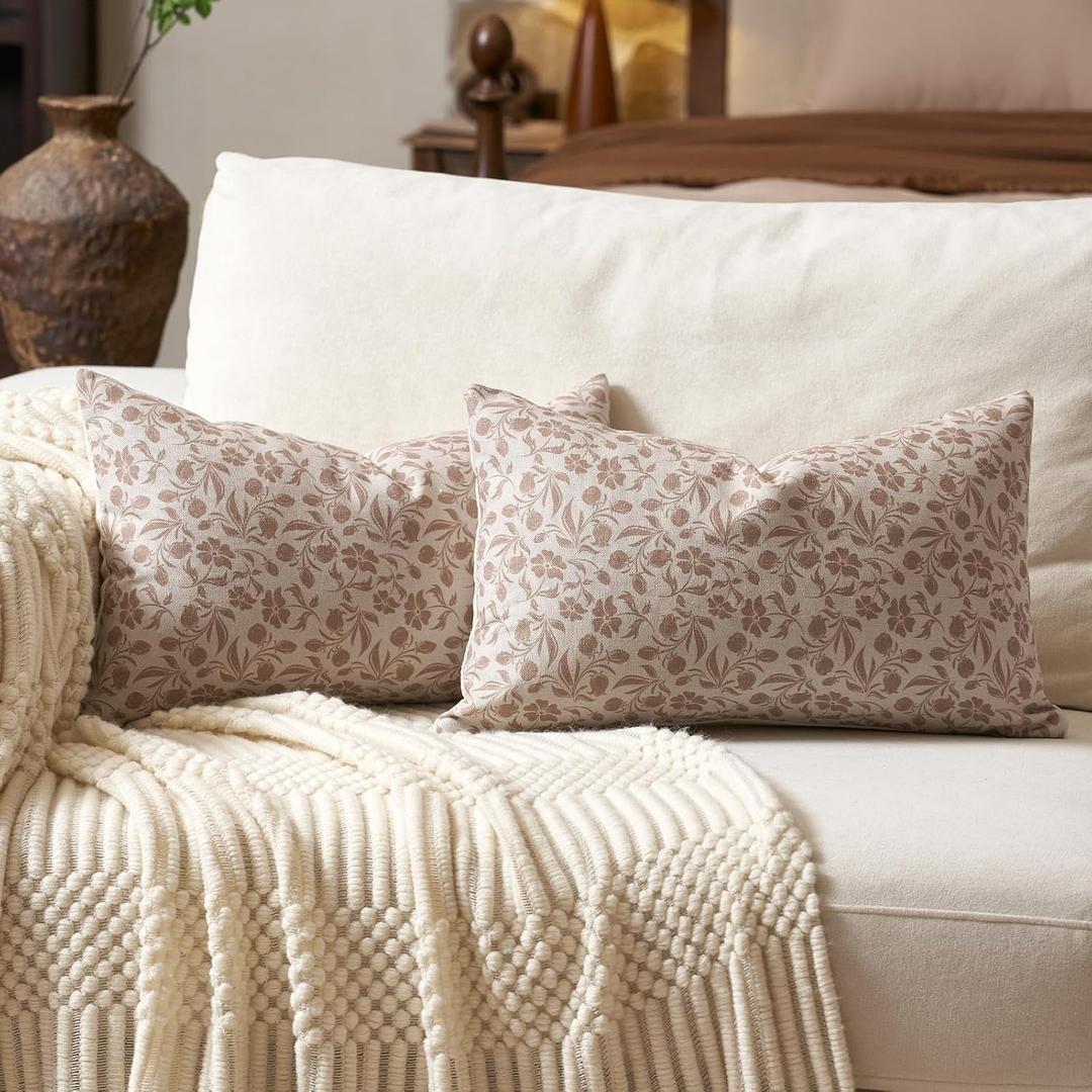 Aeckself Neutral Floral Lumbar Pillow Covers 12x20 Set of 2, Vintage Block Print Throw Pillow Covers Decorative Farmhouse Accent Couch Pillows for Living Room Bedroom, Beige