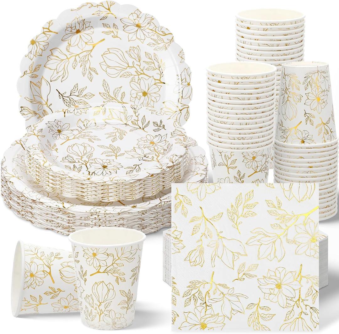 Havawish 125pcs Magnolia Spring Paper Plates Napkins Party Supplies White Flowers Tableware Decorations Magnolia Floral Scalloped Disposable Plates Cups for Wedding Bridal Baby Shower Birthday Party