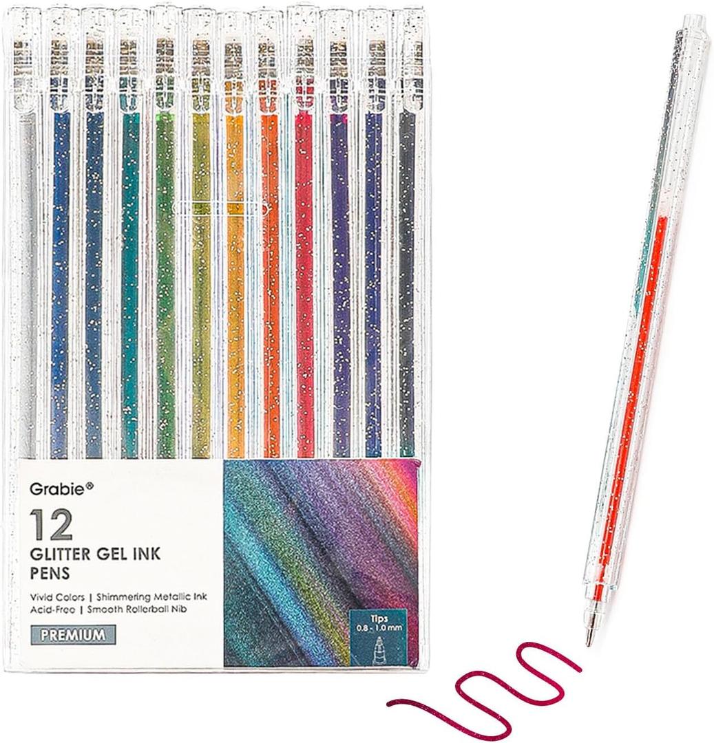 Grabie Glitter Gel Pens,12 Colors Gel Pens for Coloring,Metallic Vibrant Sparkle Colorful Pen, Colored Neon Gel Pens for Adult Coloring Books, Sparkle Pen, Gelly Roll Pens