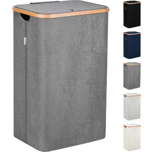 LONBET Laundry Basket with Lid, Made from Breathable Fabric | Aesthetic Clothes Hampers for Laundry with Side Handles & Sturdy Bamboo Frame (26 Gallons - Single, Gray)