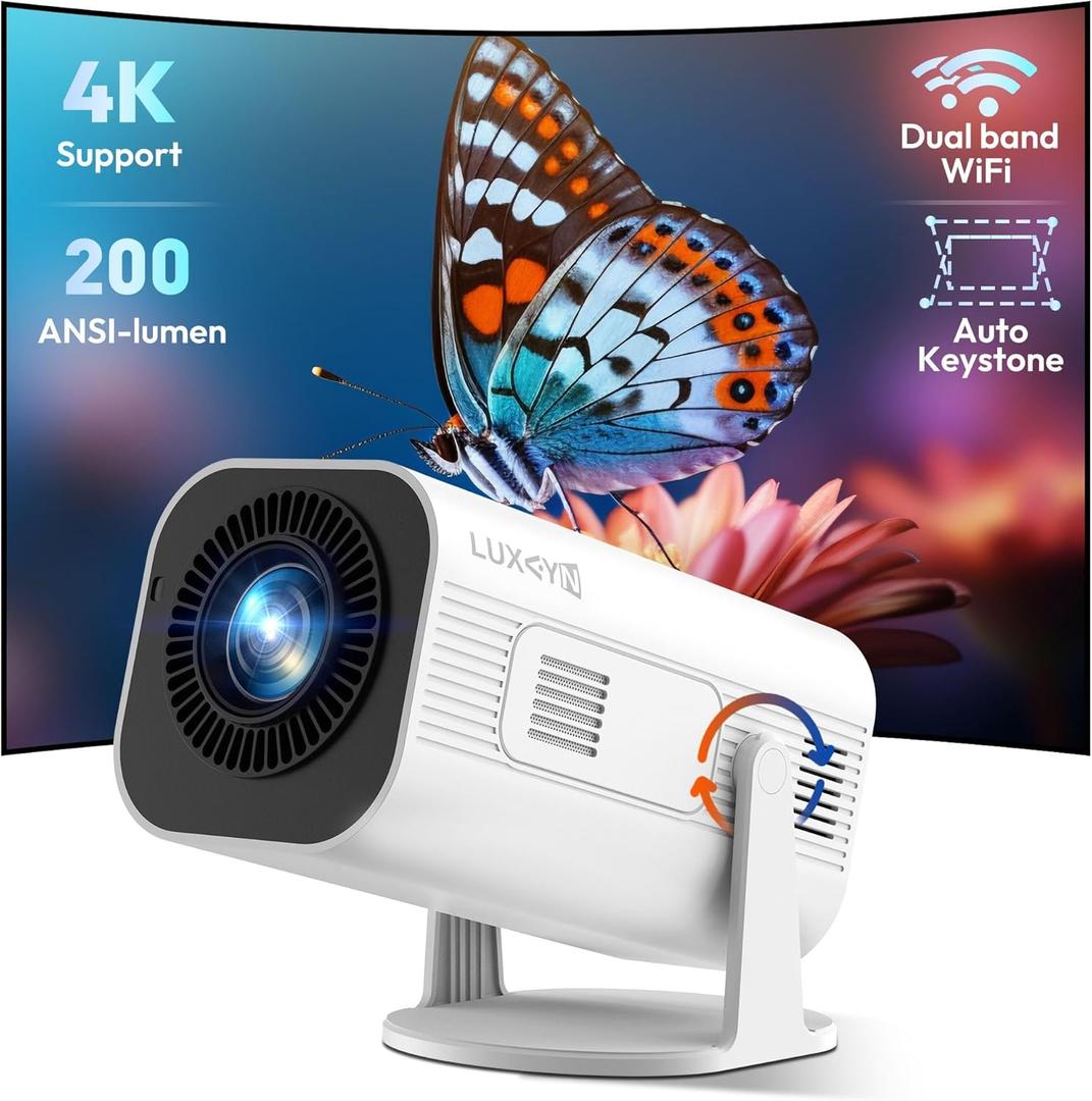 Mini Smart Projector LUXVYN V1 Portable Projector with WiFi and Bluetooth 200 ANSI 4K Support HD Resolution, Auto Keystone Correction Video Projector, 180 Rotatable Stand for Home Movie Pure white