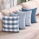 CARRIE HOME Light Blue Pillow Covers Farmhouse Plaid Throw Pillows 18x18 Set of 4 Spring Summer Blue Decorative Pillow Neutral Decor for Couch Sofa and Porch Chair, Gray Blue