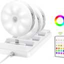 EZVALO Under Cabinet Lighting with Charging Station, 1000mAh Rechargeable Puck Lights with Remote, 3 Color Temps & 12 RGB Closet Lights, Dimmable Motion Sensor Lights for Shelf, Kitchen (3 Packs) (White)